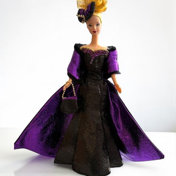 Barbie 90s Clone Brass Key Ball Gown Purple Black Dress Hat Purse Fur Stole - Picture 2 of 9